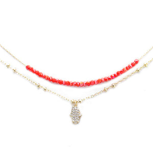 Layered Chain CZ Hamsa Hand Pendant on Metal Chain, second row coral stones on chain necklace. CZ Hamsa Pendant necklace, Hamsa Hand brings its owner happiness, luck, health & good fortune, wearing this can bring you good luck! the Cubic Zirconia Crystals shine and add a shimmer to your attire. Perfect Birthday Gift, Anniversary Gift, Mother's Day Gift, Graduation Gift, Just Because Gift, Bridesmaid Keepsake