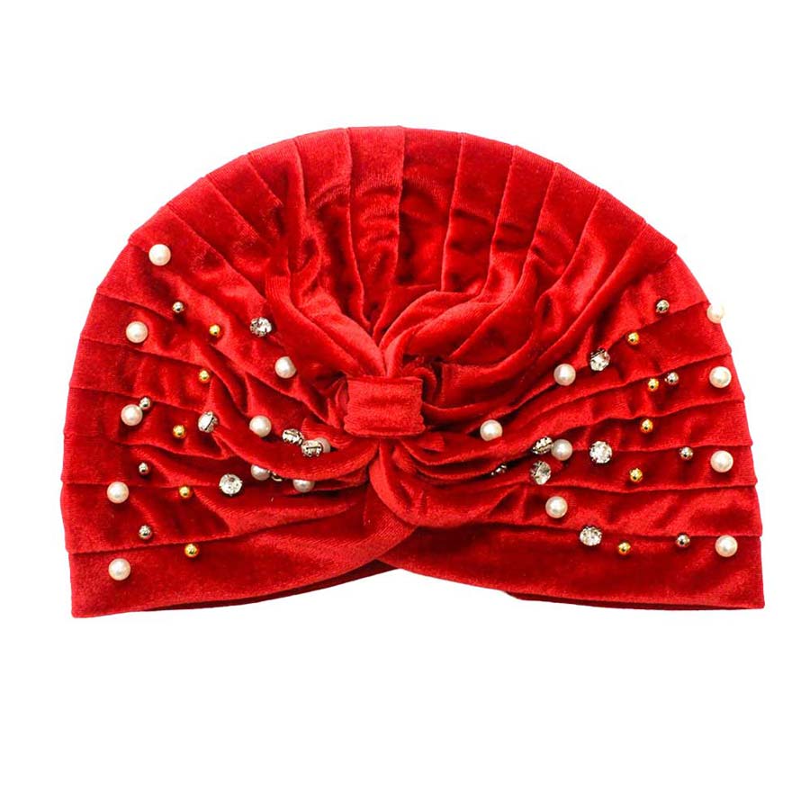Red Stone Pearl Detailed Pleated Turban Beanie Hat, is perfectly cozy and trendy that beautifully made with abstract patterns, and meets your chosen goal to keep you stand out. It keeps you warm and toasty while running out the door in the cool air saving you from chill and dust. It perfectly fits your head. A beautiful winter gift accessory for Birthdays, Christmas, Stocking stuffers, Secret Santa, holidays, anniversaries, Valentine's Day, etc. Stay toasty with perfect warmth!