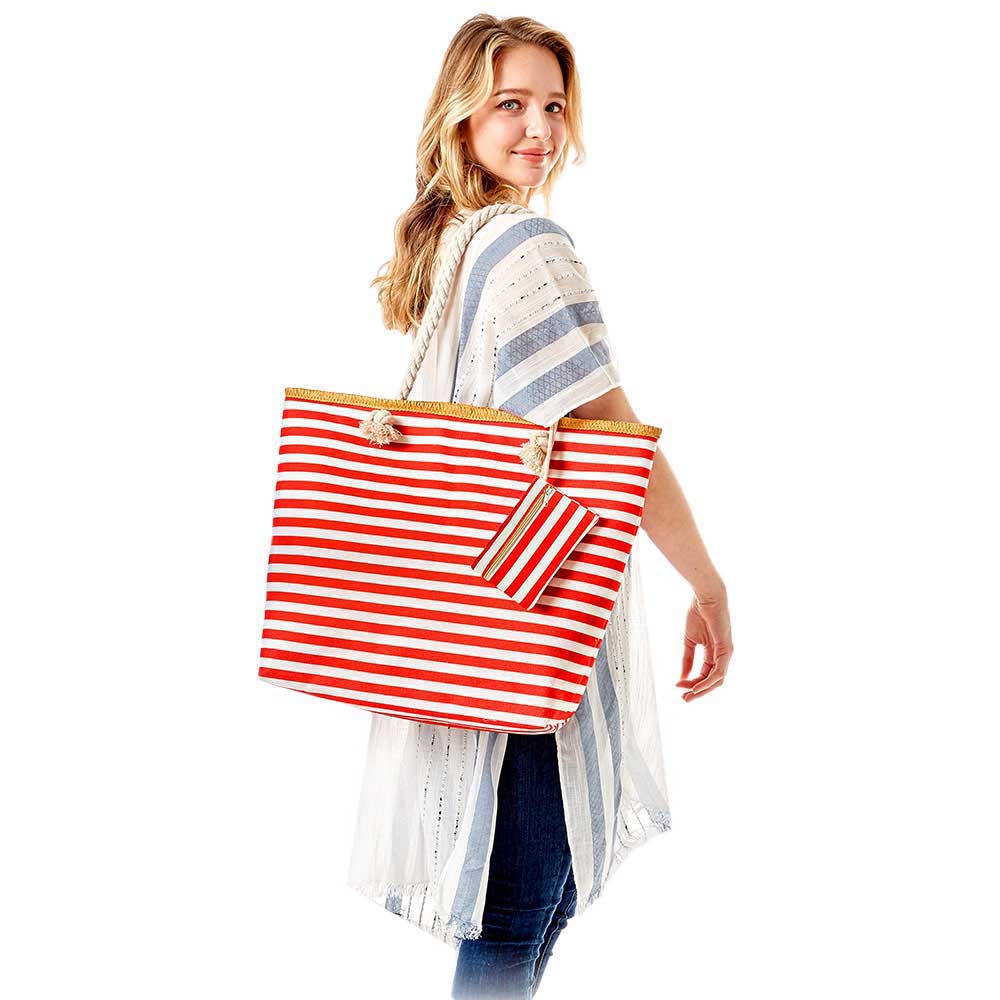 Red Stripe Print Beach Tote Bag,  Whether you are out shopping, going to the pool or beach, this Stripe print beach tote bag is the perfect accessory. Spacious enough for carrying any and all of your seaside essentials. The soft rope straps really helps carrying this tie due shoulder bag comfortably. Perfect as a beach bag to carry foods, drinks, towels, swimsuit, toys, flip flops, sun screen and more. Gift idea for your loving one!