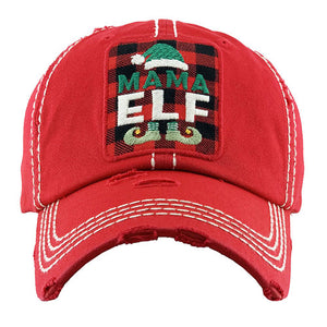 Red Tartan Check MAMA ELF Vintage Baseball Cap. Fun cool Christmas themed vintage cap. Perfect for walks in sun, great for a bad hair day. The distressed frayed style with faded color gives it an awesome vintage look. Soft textured, embroidered message with fun statement will become your favorite cap.