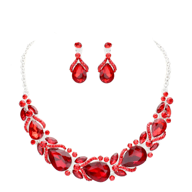 Red Teardrop Accented Marquise Stone Sprout Evening Necklace, Wear together or separate according to your event, versatile enough for wearing straight through the week, perfectly lightweight for all-day wear, coordinate with any ensemble from business casual to everyday wear, the perfect addition to every outfit. 