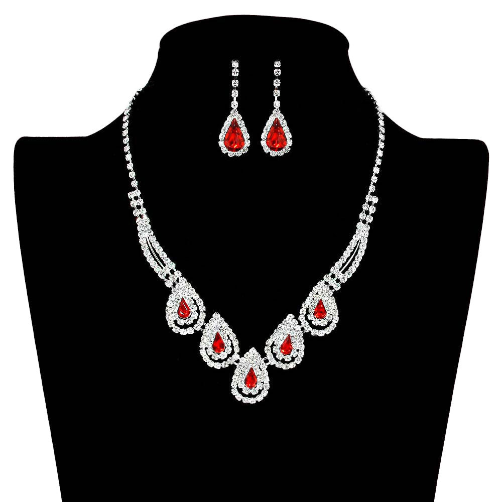 Red Teardrop Accented Rhinestone Necklace, Beautifully crafted design adds a gorgeous glow to any outfit. Jewelry that fits your lifestyle! stunning jewelry set will sparkle all night long making you shine out like a diamond. perfect for a night out on the town or a black tie party, Perfect Gift, Birthday, Anniversary, Prom, Mother's Day Gift, Thank you Gift.
