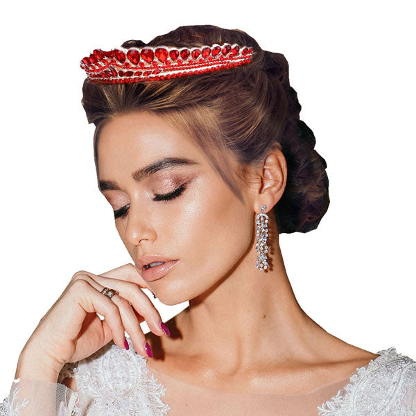 Red Teardrop Cluster Detailed Princess Tiara. Perfect for adding just the right amount of shimmer & shine, will add a touch of class, beauty and style to your wedding, prom, special events, embellished glass crystal to keep your hair sparkling all day & all night long.