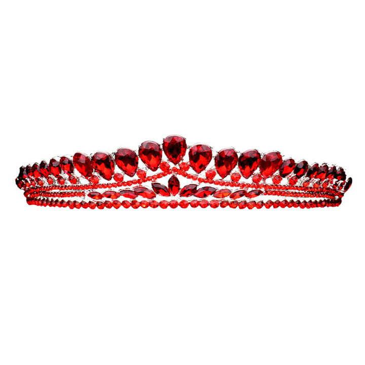 Red Teardrop Cluster Detailed Princess Tiara. Perfect for adding just the right amount of shimmer & shine, will add a touch of class, beauty and style to your wedding, prom, special events, embellished glass crystal to keep your hair sparkling all day & all night long.