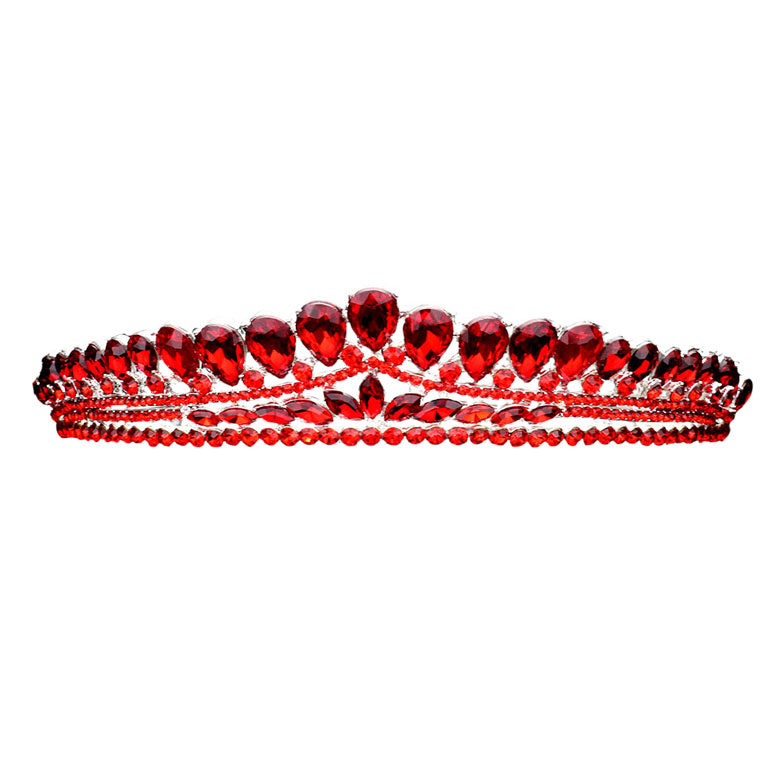Red Teardrop Cluster Detailed Princess Tiara. Perfect for adding just the right amount of shimmer & shine, will add a touch of class, beauty and style to your wedding, prom, special events, embellished glass crystal to keep your hair sparkling all day & all night long.