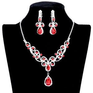 Red Teardrop Crystal Rhinestone Vine Evening Necklace Clip On Earrings Set, dazzle on your Special Occasion, jewelry set will sparkle all night long. Perfect Bridal Jewelry, Birthday Gift, Mother's Day Gift, Anniversary Gift, Prom, Graduation, Sweet 16, Quinceanera, Wedding Bride, Mother of the Bride, Bridesmaid