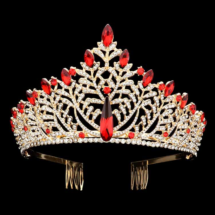 Red Teardrop Marquise Stone Accented Leaf Cluster Princess Tiara, the accented leaf cluster princess tiara is a classic royal tiara made from gorgeous marquise stone is the epitome of elegance. Exquisite design with gorgeous color and brightness, makes you more eye-catching in the crowd and also it will make you more charming and pretty without fail.