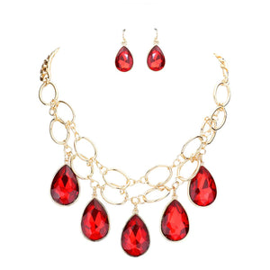 Red Teardrop Stone Accented Open Metal Oval Link Evening Necklace, this gorgeous jewelry set will show your class on any special occasion. The elegance of these stones goes unmatched, great for wearing at a party! stunning jewelry set will sparkle all night long making you shine like a diamond on special occasions. Perfect jewelry to enhance your look and for wearing at parties, weddings, date nights, or any special event.