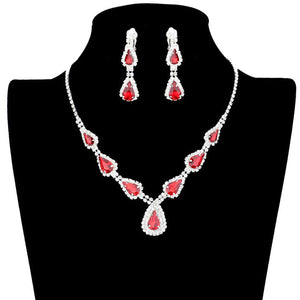 Red Teardrop Stone Accented Rhinestone Pave Necklace, brings a gorgeous glow to your outfit to show off the royalty on any special occasion. These gorgeous Rhinestone pieces will show your class in any special occasion. The elegance of these Rhinestone goes unmatched, great for wearing at a party! Perfect jewelry to enhance your look. Awesome gift for birthday, Anniversary or any special occasion.