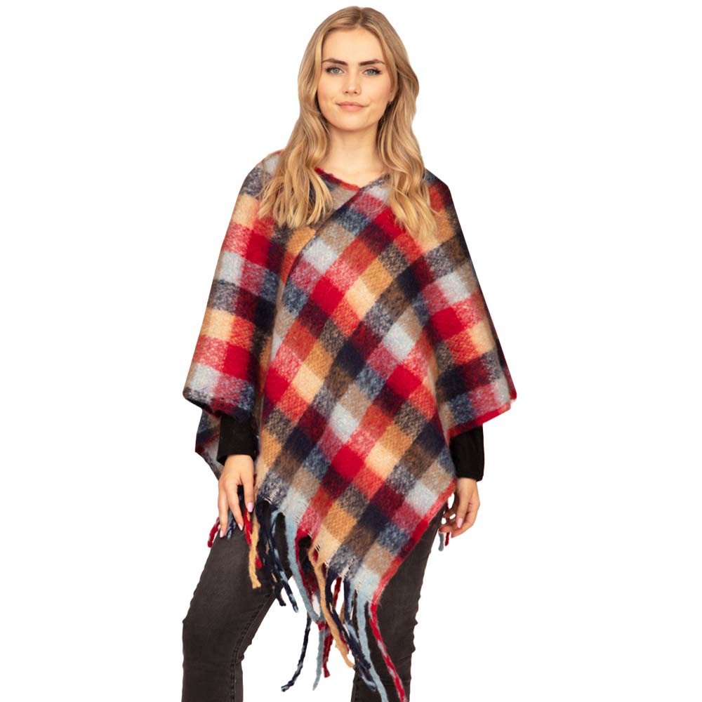 Red Trendy Plaid Check Patterned Poncho, is absolutely beautiful wear to make you stand out and keep you warm and toasty in the cold weather or winter. It ensures your upper body keeps perfectly toasty when the temperatures drop. It's the timelessly beautiful poncho that gently nestles around the neck and feels exceptionally comfortable to wear. Attractive and eye-catchy fashion wear that will quickly become one of your favorite accessories for daily wear in winter.