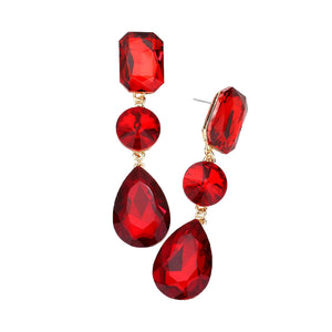 Red Triple Crystal Rhinestone Evening Earrings. Elegance becomes you in these shiny glamorous Rhinestone earrings, the perfect sparkling accessory to add some sophisticated fun to your next social event. Coordinate this evening earrings with any ensemble from business casual wear, the perfect addition to every outfit. Perfect Gift Birthday, Holiday, Christmas, Valentine's Day, Anniversary, Just Because gift.