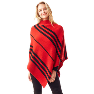 Red Vertical Striped Turtle Neck Collar Poncho, provides warmth, comfort in a cold day while keeping your look chic and feminine. Coordinates with all your winter outfits. Perfect Birthday Gift, Christmas Gift, Anniversary Gift, Regalo Navidad, Regalo Cumpleanos, Valentine's Day Gift, Dia del Amor, Asymmetrical Poncho Wrap