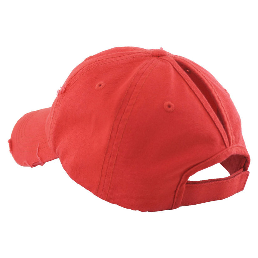Red Distressed Baseball Cap, Red Vintage Ponytail Baseball Cap, comfy vintage cap great for a bad hair day, pull your bun or ponytail thru the back opening, great for keeping your hair away from face while exercising, running, playing sports or just taking a walk. Perfect Birthday Gift, Mother's Day Gift, Anniversary Gift, Thank you Gift, Graduation