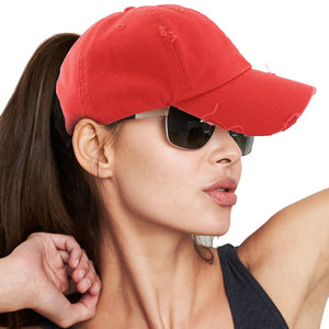 Red Distressed Baseball Cap, Red Vintage Ponytail Baseball Cap, comfy vintage cap great for a bad hair day, pull your bun or ponytail thru the back opening, great for keeping your hair away from face while exercising, running, playing sports or just taking a walk. Perfect Birthday Gift, Mother's Day Gift, Anniversary Gift, Thank you Gift, Graduation