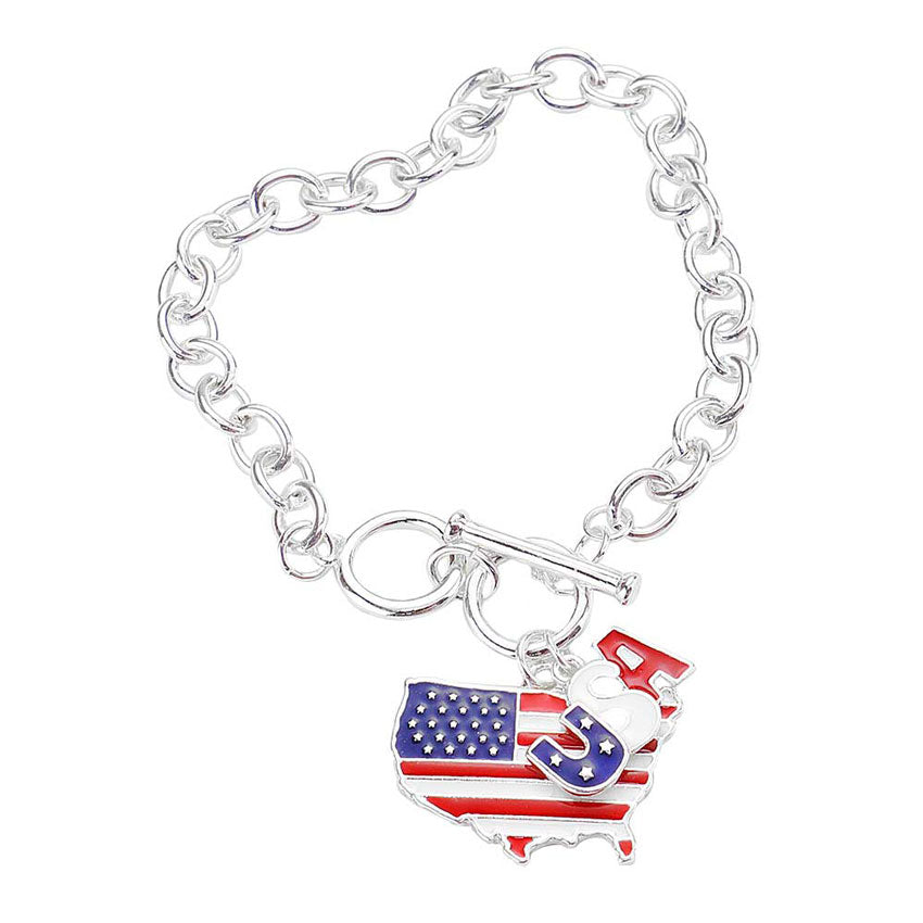 Red, White & Blue American USA Flag Heart Star Charm Toggle Bracelet, add a statement to your outfit with this beautiful accessory. It’s has beautiful USA Map charms in our patriotic vibrant colors. Perfect of any time day or night, great for election day, national holiday, show how much you love this country.  
