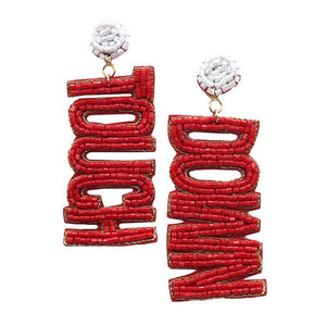 Red White Felt Back Touch Down Message Beaded Dangle Earrings. Gift someone or yourself these ultra-chic earrings, they will take your look up a notch, these sports themed earrings versatile enough for wearing straight through the week, coordinate with any ensemble from business casual to wear, the perfect addition to every outfit. Perfect jewelry gift to expand a woman's fashion wardrobe with a modern, on trend style.