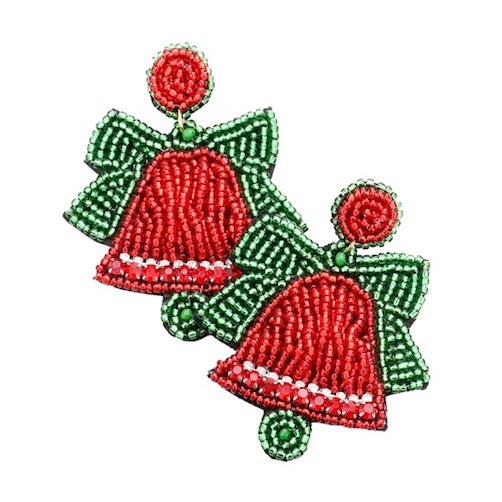 Red and Green Felt Back Seed Beaded Bow Jingle Bell Christmas Statement Earrings, get into the Christmas spirit with these gorgeous handcrafted beaded Christmas Earrings, will dangle on your earlobes & bring a smile to those who look at you. Perfect Gift December Birthday, Christmas, Stocking Stuffers, Secret Santa, BFF, Holiday