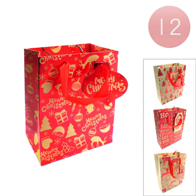 Red Twelve Pieces Christmas Holiday Printed Gift Bags, Recyclable and earth friendly!!  You're choosing kraft paper over plastic-coated paper gift bags or wrapping paper which means you're making a more earth-friendly wrapping choice. Make gift wrapping easy!! Holiday Gift bags with handles for easy carrying