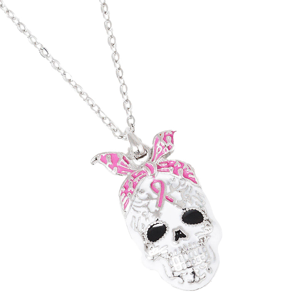 Rhodium Gold Dipped Enamel Pink Ribbon Skull Pendant Necklace. Beautifully crafted design adds a gorgeous glow to any outfit. Jewelry that fits your lifestyle! Perfect Birthday Gift, Anniversary Gift, Mother's Day Gift, Anniversary Gift, Graduation Gift, Prom Jewelry, Just Because Gift, Thank you Gift.