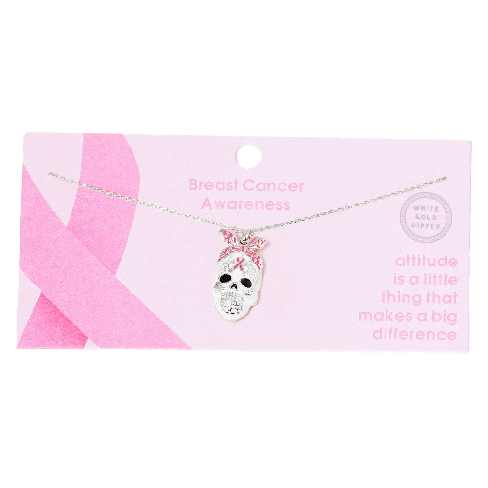 Rhodium Gold Dipped Enamel Pink Ribbon Skull Pendant Necklace. Beautifully crafted design adds a gorgeous glow to any outfit. Jewelry that fits your lifestyle! Perfect Birthday Gift, Anniversary Gift, Mother's Day Gift, Anniversary Gift, Graduation Gift, Prom Jewelry, Just Because Gift, Thank you Gift.