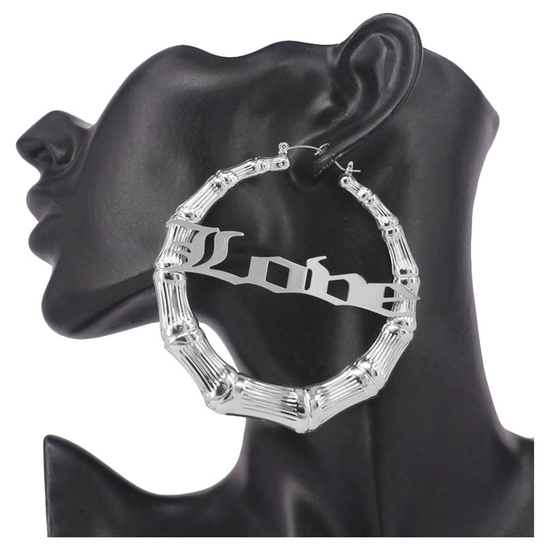 Rhodium Love Metal Bamboo Hoop Message Pin Catch Earrings, put on a pop of color to complete your ensemble. Beautifully crafted design adds a gorgeous glow to any outfit. Perfect for adding just the right amount of shimmer & shine. Perfect for Birthday Gift, Anniversary Gift, Mother's Day Gift, Graduation Gift, Valentine's Day Gift.