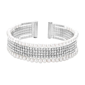 Rhodium 6 Rows - Pearl Accented Decor Rhinestone Cuff Bracelet Evening Bracelet Special Occasion. Rows of dazzling rhinestones & Pearls & an open end for easy flexible fit. Get cuffed with glitz & glam in this sparkling crystal cuff! Perfect gift for your loved one. Weddings, Prom, Sweet 16, Quinceanera, Holiday Parties