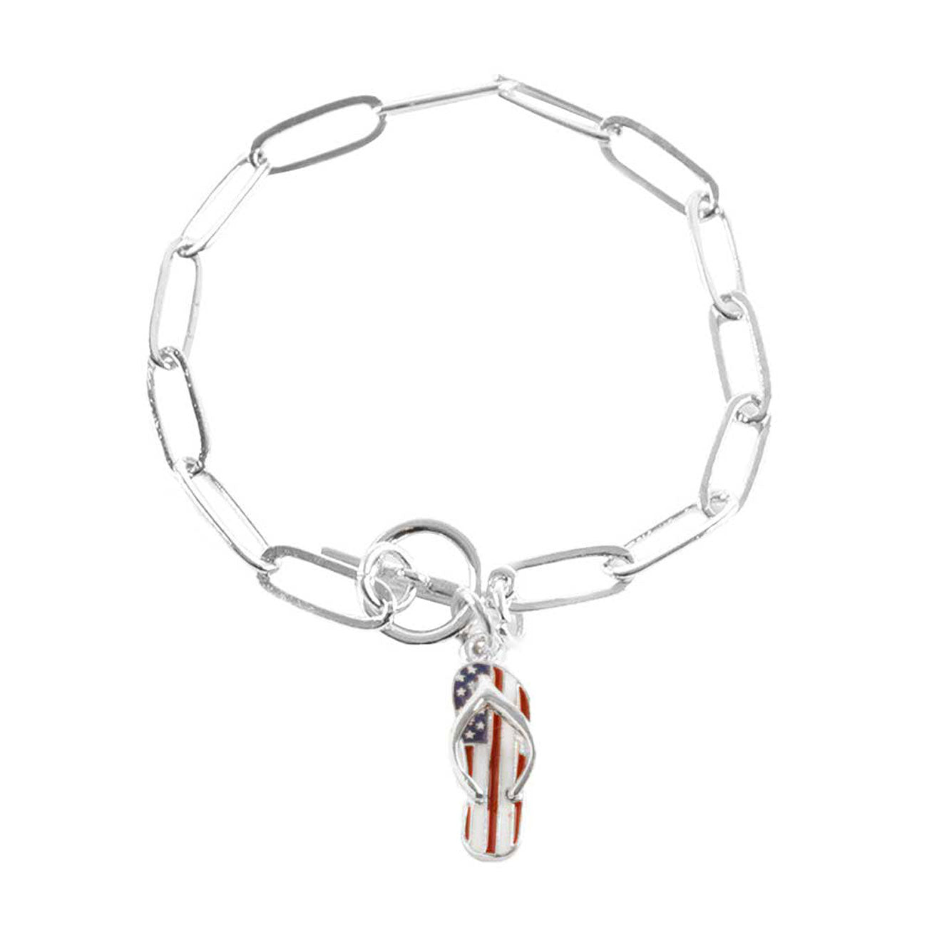 Rhodium American USA Flag Flip Flop Charm Toggle Bracelet, add a statement to your outfit with this beautiful accessory. It’s has beautiful USA Flag charm in our patriotic vibrant colors. Perfect of any time day or night, great for election day, national holiday, show how much you love this country.  