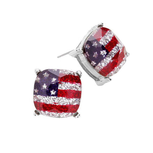 Rhodium American USA Flag Glitter Square Stone Stud Earrings, Show your love for our country with this sweet patriotic USA style American Flag Earrings. Featuring red, white and blue for a bit of fashionable fireworks flair. Lightweight and comfortable for wearing all day long. Goes with any of your casual outfits and Adds something extra special. Great gift idea for your Loving One.
