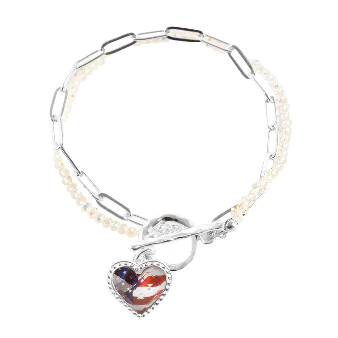 Rhodium American USA Flag Heart Charm Double Layered Toggle Bracelet, add a statement to your outfit with this beautiful accessory. It’s has beautiful Heart & flag charms in our patriotic vibrant colors. Perfect of any time day or night, great for election day, national holiday, show how much you love this country. 
