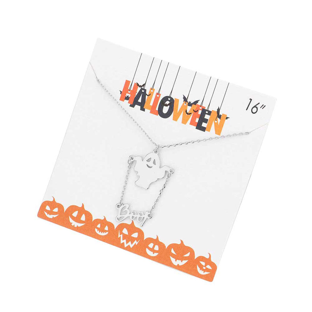 Gold Boo Metal Message Halloween Ghost Pendant Necklace is the spooky way to show your Halloween spirit! Perfect for the Halloween haunted house fan, this necklace will be sure to delight anyone who loves to show off their holiday spirit! Frightful fun for all!