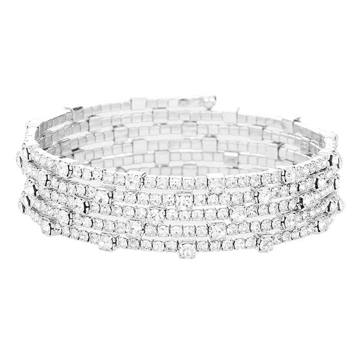 Rhodium Brass Metal Round Stone Accented Rhinestone Coil Bracelet, Get ready with these Rhinestone Coil Bracelet, put on a pop of color to complete your ensemble. Perfect for adding just the right amount of shimmer & shine and a touch of class to special events. Perfect Birthday Gift, Anniversary Gift, Mother's Day Gift.