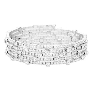 Rhodium Brass Metal Round Stone Accented Rhinestone Coil Bracelet, Get ready with these Rhinestone Coil Bracelet, put on a pop of color to complete your ensemble. Perfect for adding just the right amount of shimmer & shine and a touch of class to special events. Perfect Birthday Gift, Anniversary Gift, Mother's Day Gift.