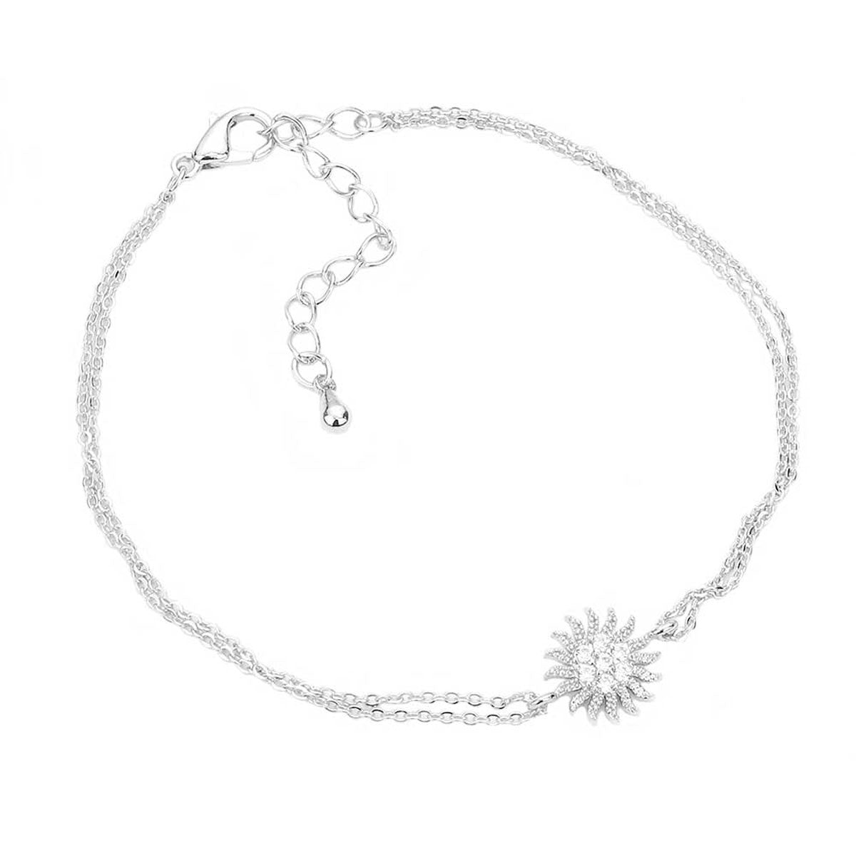Rhodium CZ Brass Metal Sun Charm Accented Double Layered Bracelet. Get ready with these double layered Bracelet, put on a pop of color to complete your ensemble. Perfect for adding just the right amount of shimmer & shine and a touch of class to special events. Perfect Birthday Gift, Anniversary Gift, Mother's Day Gift, Graduation Gift, Prom Jewelry, Just Because Gift, Thank you Gift.