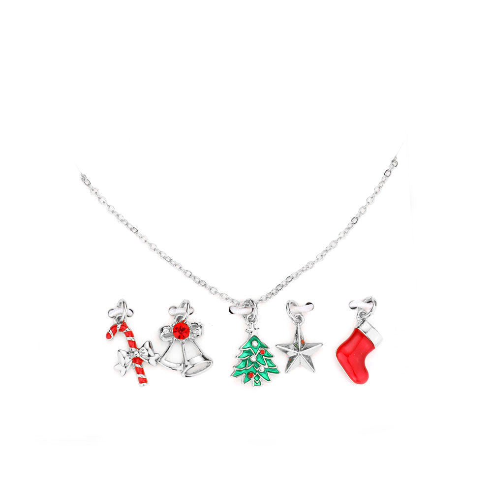Rhodium Candy Cane Jingle Bell Christmas Tree Star Socks Interchangeable Pendant Necklace, just the right amount of shimmer & shine adding holiday cheer to your outfit. Perfect December Birthday Gift, Christmas Gift, Regalo Navidad, Regalo Cumpleanos, Stocking Stuffer, Secret Santa, Holiday Parties, Intercambio de Regalos