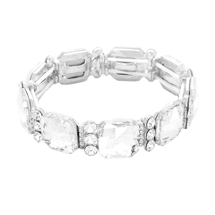 Rhodium Clear Sparkling Emerald Cut Glass Crystal Stretch Bracelet Crystal Bracelet , Glitzy glass crystals, stylish stretch bracelet that is easy to put on, take off and comfortable to wear. The perfect match for your LBD, multiple colors to match your wardrobe, Accent your work or casual attire with this  dazzling bracelet. 