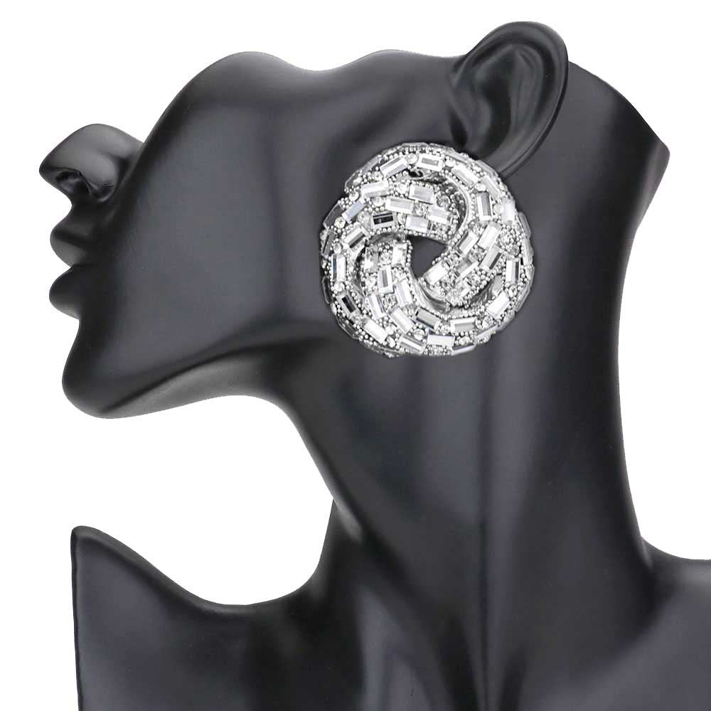 Rhodium Cylinder Stone Embellished Round Post Earrings. Elegance becomes you in these lightweight and playful, shiny glamorous Stone post earrings, the perfect sparkling accessory to add some sophisticated fun to your next social event. Coordinate these round post earrings with any ensemble from business casual to wear, they will dangle on your earlobes & bring a smile to those who look at you.