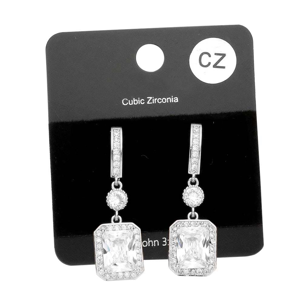 Rhodium Cz Emerald Cut Accented Dangle Evening Earrings, wear these intricate earrings to stand out and be trendy this season on any special occasion!  The perfect set of sparkling earrings adds a sophisticated & stylish glow to any outfit. They dangle on your earlobes to show the perfect beauty with confidence on any special occasion. Perfect Birthday, Anniversary, Mother's Day, Graduation, Prom Jewelry, Just Because, Thank you, Valentine's Day, etc. Show your perfect beauty!