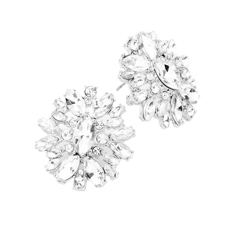 Rhodium Floral Round Marquise Stone Evening Stud Earrings, an artisanal-inspired multi shape of bezeled stones turns these dangling earrings into a chic emblem of your statement-making style, wear these intricate earrings to stand out and be trendy this season! Can go from the office to after-hours with ease, adds a sophisticated glow to any outfit.