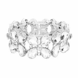 Rhodium Floral Teardrop Glass Crystal Stretch Evening Bracelet, this Crystal Stretch Bracelet sparkles all around with it's surrounding round stones, stylish stretch bracelet that is easy to put on, take off and comfortable to wear. It looks so pretty, brightly, and elegant on any special occasion. Jewelry offers a wide variety of exquisite jewelry for your Party, Prom, Pageant, Wedding, Sweet Sixteen, and other Special Occasions! Stay gorgeous wearing this stunning floral design stretch bracelet.
