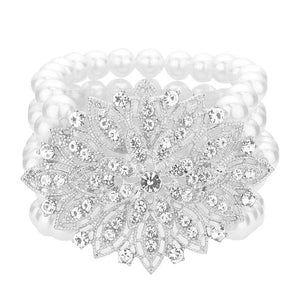 Rhodium Flower Rhinestone Pave Pearl Stretch Bracelet, these rhinestone stretch bracelets adds an extra glow to your outfit to make you more gorgeous. Pair these with a tee and jeans and you are perfectly good to go. The jewelry that fits your lifestyle with ultimate and trendy fashion! It will be your new favorite go-to accessory. A perfect jewelry gift to expand a woman's fashion wardrobe with a classic, timeless style.