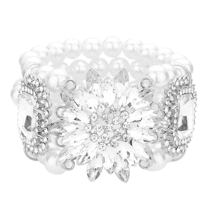 Rhodium White Flower Stone Embellished Pearl Stretch Bracelet. Get ready with these flower themed Bracelet, put on a pop of color to complete your ensemble. Perfect for adding just the right amount of shimmer & shine and a touch of class to special events.  just what you need to update your wardrobe .Perfect Birthday Gift, Anniversary Gift, Mother's Day Gift, Mom Gift, Thank you Gift, Just Because Gift, Daily Wear.
