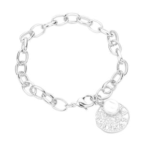 Rhodium Freshwater Pearl Irregular Metal Round Charm Bracelet, cute pearl charm and subtle sleek style, just what you need to update your wardrobe. Bring a little of the ocean to your daily look. Jewelry that fits your lifestyle. Perfect Birthday Gift, Anniversary Gift, Mother's Day Gift, Mom Gift, Thank you Gift, Just Because Gift.