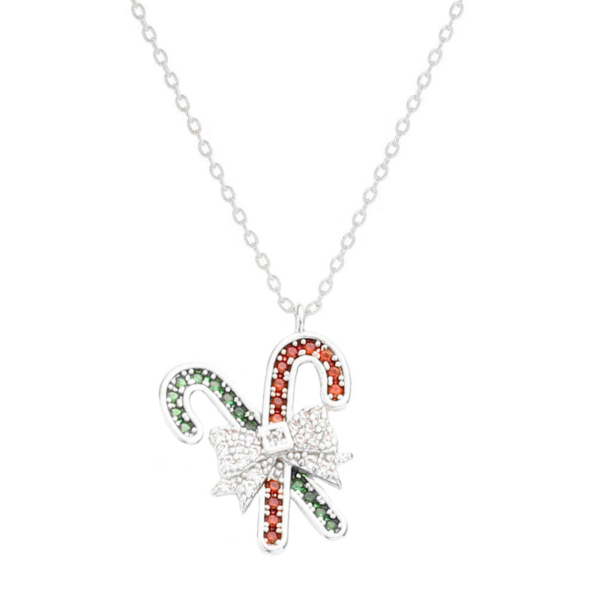 Rhodium Gold Dipped CZ Bow Candy Cane Pendant Necklace, Get ready with these Pendant Necklace, put on a pop of color to complete your ensemble. Perfect for adding just the right amount of shimmer & shine and a touch of class to special events. Perfect Birthday Gift, Anniversary Gift, Mother's Day Gift, Graduation Gift.