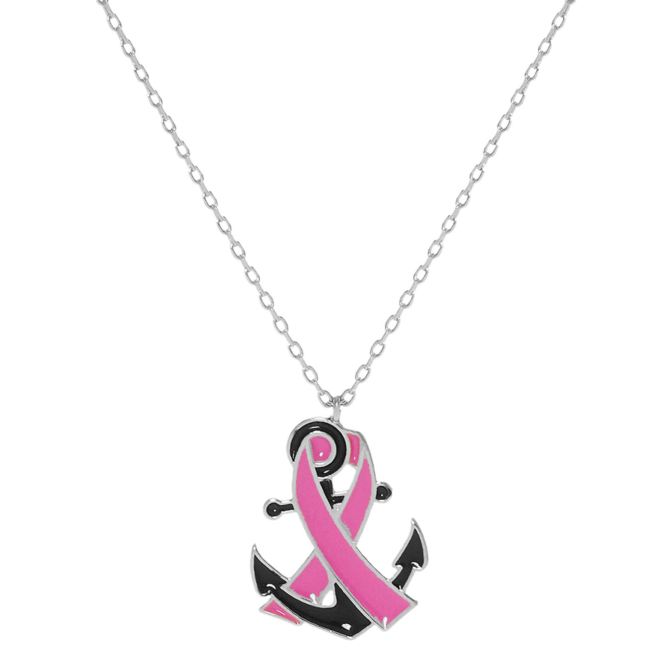 Rhodium Gold Dipped Enamel Anchor Pink Ribbon Pendant Necklace. Beautifully crafted design adds a gorgeous glow to any outfit. Jewelry that fits your lifestyle! Perfect Birthday Gift, Anniversary Gift, Mother's Day Gift, Anniversary Gift, Graduation Gift, Prom Jewelry, Just Because Gift, Thank you Gift.