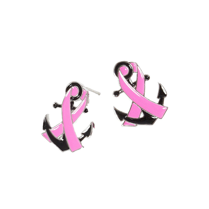 Rhodium Gold Dipped Enamel Anchor Pink Ribbon Stud Earrings, put on a pop of color to complete your ensemble. Perfect for adding just the right amount of shimmer & shine and a touch of class to special events. Perfect Birthday Gift, Anniversary Gift, Mother's Day Gift, Graduation Gift.