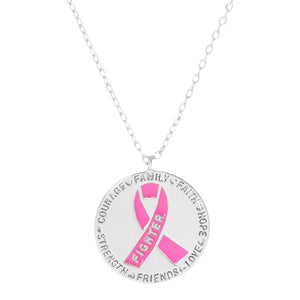 Rhodium Gold Dipped Enamel Pink Ribbon Accented Metal Disc Pendant Necklace. Beautifully crafted design adds a gorgeous glow to any outfit. Jewelry that fits your lifestyle! Perfect Birthday Gift, Anniversary Gift, Mother's Day Gift, Anniversary Gift, Graduation Gift, Prom Jewelry, Just Because Gift, Thank you Gift.