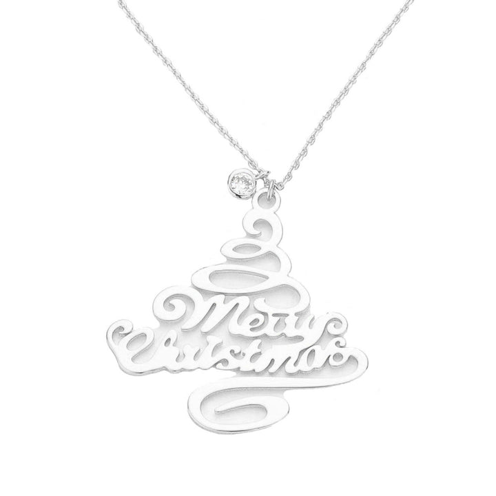 Rhodium Gold Dipped Round CZ Merry Christmas Message Tree Pendant Necklace. Beautifully crafted design adds a gorgeous glow to any outfit. Jewelry that fits your lifestyle! Perfect Birthday Gift, Anniversary Gift, Mother's Day Gift, Anniversary Gift, Graduation Gift, Prom Jewelry, Just Because Gift, Thank you Gift.