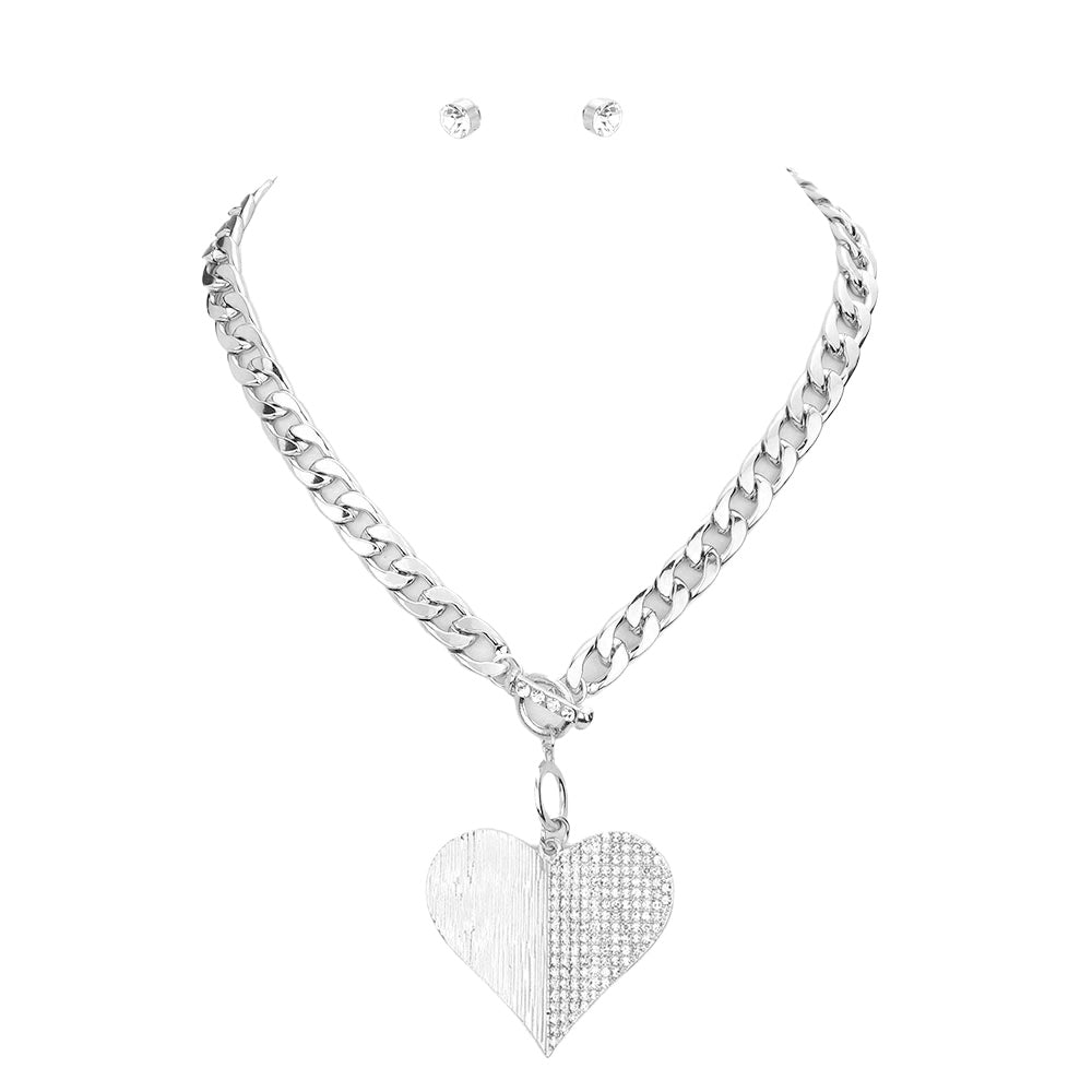 Rhodium Half Rhinestone Pave Heart Pendant Toggle Necklace, bring an awesome look to your outfit with perfect luxe at any special occasion. This beautiful Rhinestone necklace is the ultimate representation of your class and beauty. Put on a pop of color to complete your ensemble in a gorgeous way. Absolutely an excellent gift for your friends, family, and the persons you love and care about the most. Stay luxurious!