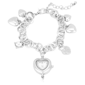 Rhodium Heart Watch Lock Charm Station Bracelet Watch, Get ready with these Stretch Bracelet, put on a pop of color to complete your ensemble. Perfect for adding just the right amount of shimmer & shine and a touch of class to special events. Perfect Birthday Gift, Anniversary Gift, Mother's Day Gift, Graduation Gift.