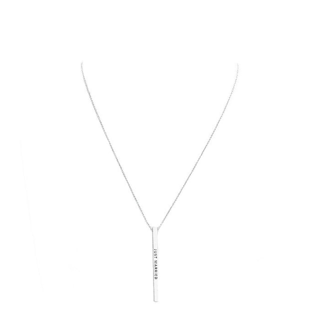 Rhodium Just Married Metal Bar Pendant Necklace. Make a statement with these just married message Necklace, very easy to put on, take off and so comfortable for daily wear. Pair these with tee and jeans and you are good to go. It will be your new favorite go-to accessory. Perfect Birthday gift, friendship day, Mother's Day, Graduation Gift.